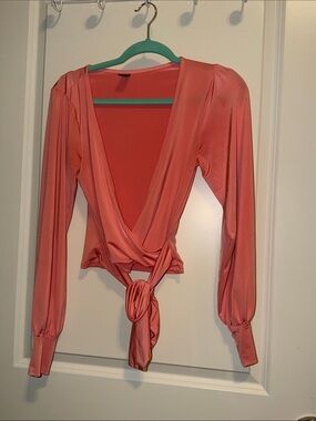 Windsor Coral Wrap Tie-Front Long Sleeve Blouse